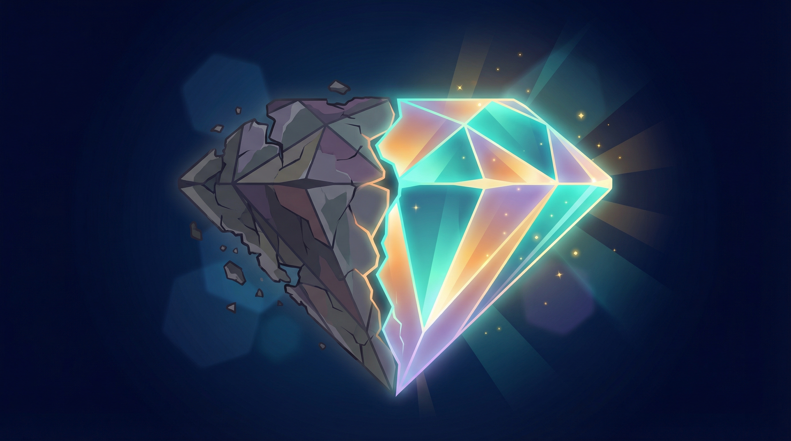 Illustrated diamond, half rough and cracked, half brilliantly polished and glowing with teal and amber light